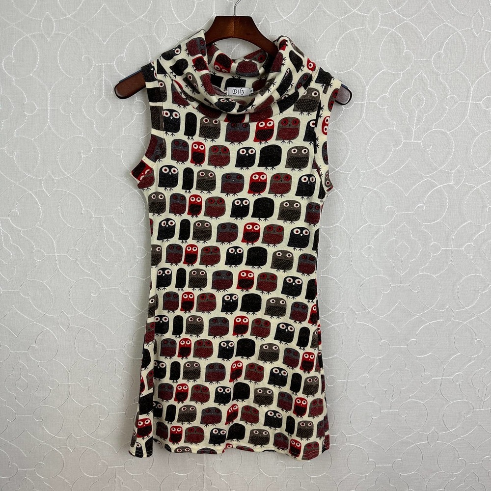 Dily Owl Dress Size Small Multicolor Cowl Neck Pleated Pullover Sleeveless